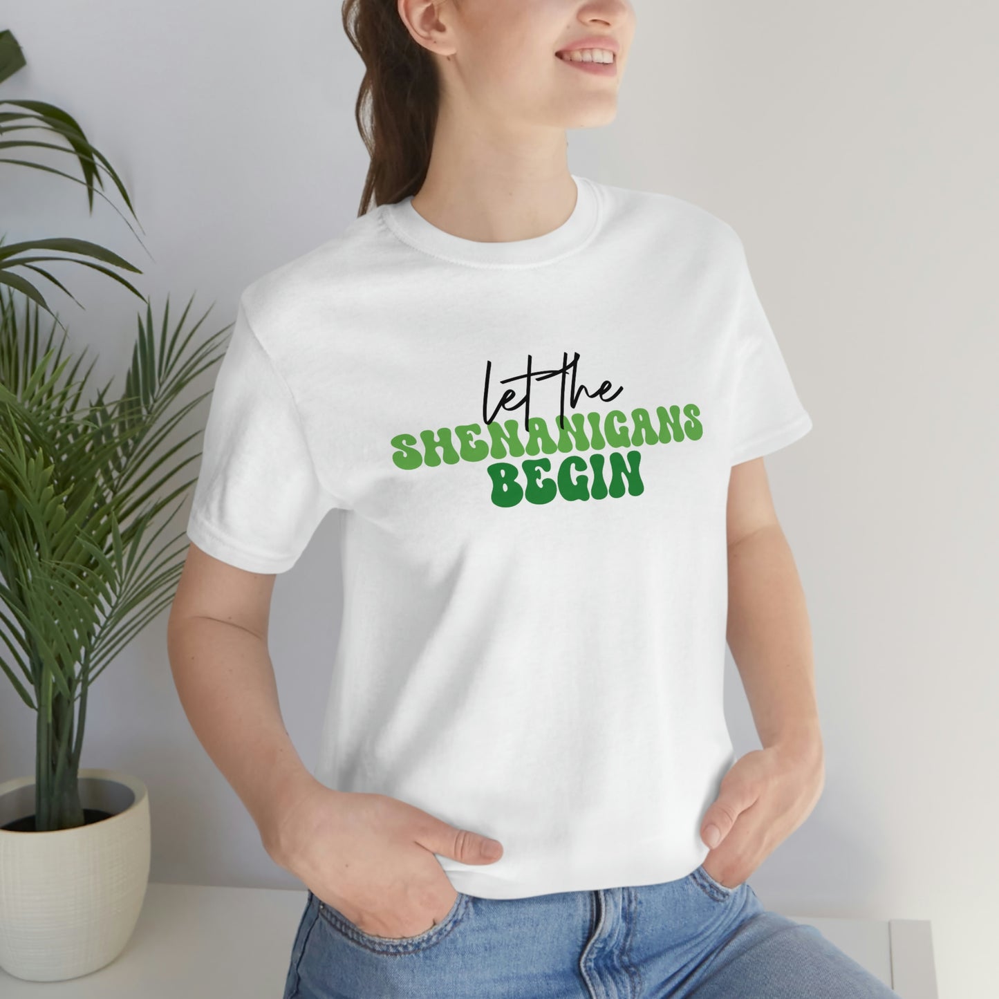 Let the Shenanigans Begin St. Patricks Day Unisex Jersey Short Sleeve Tee