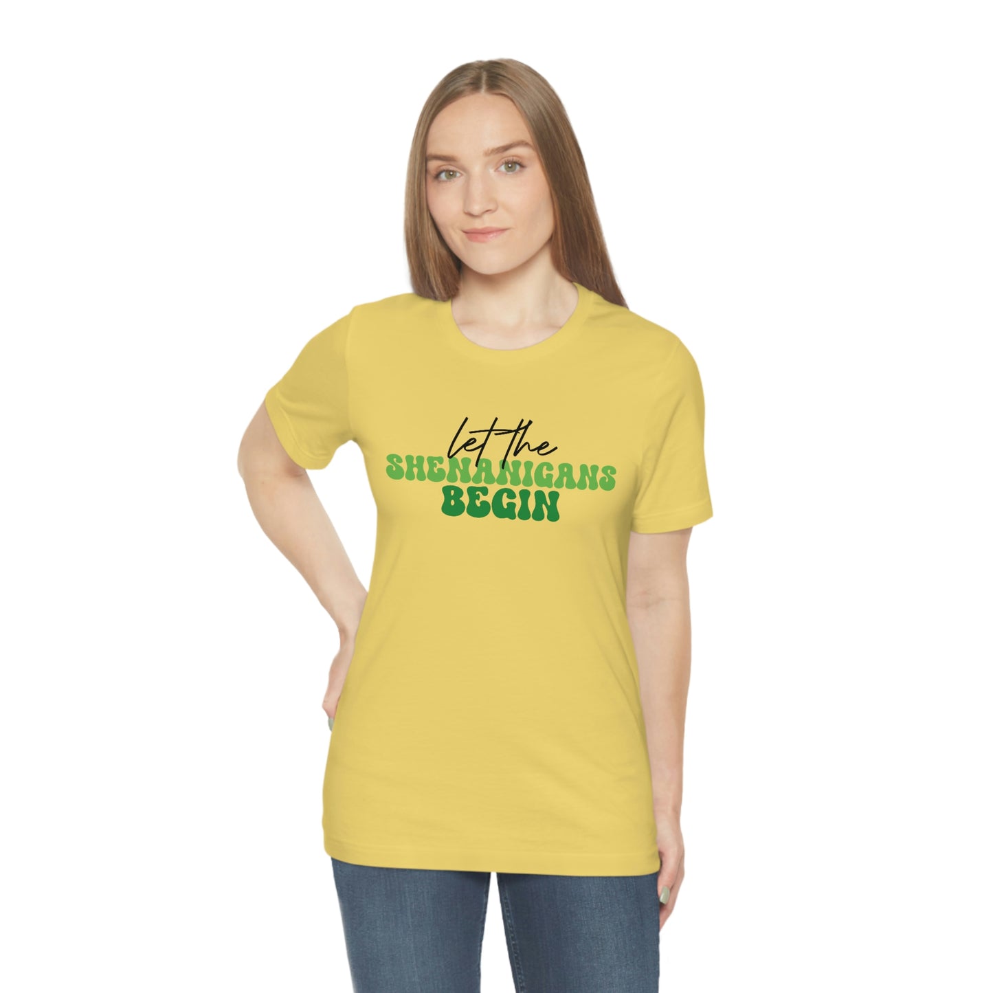 Let the Shenanigans Begin St. Patricks Day Unisex Jersey Short Sleeve Tee