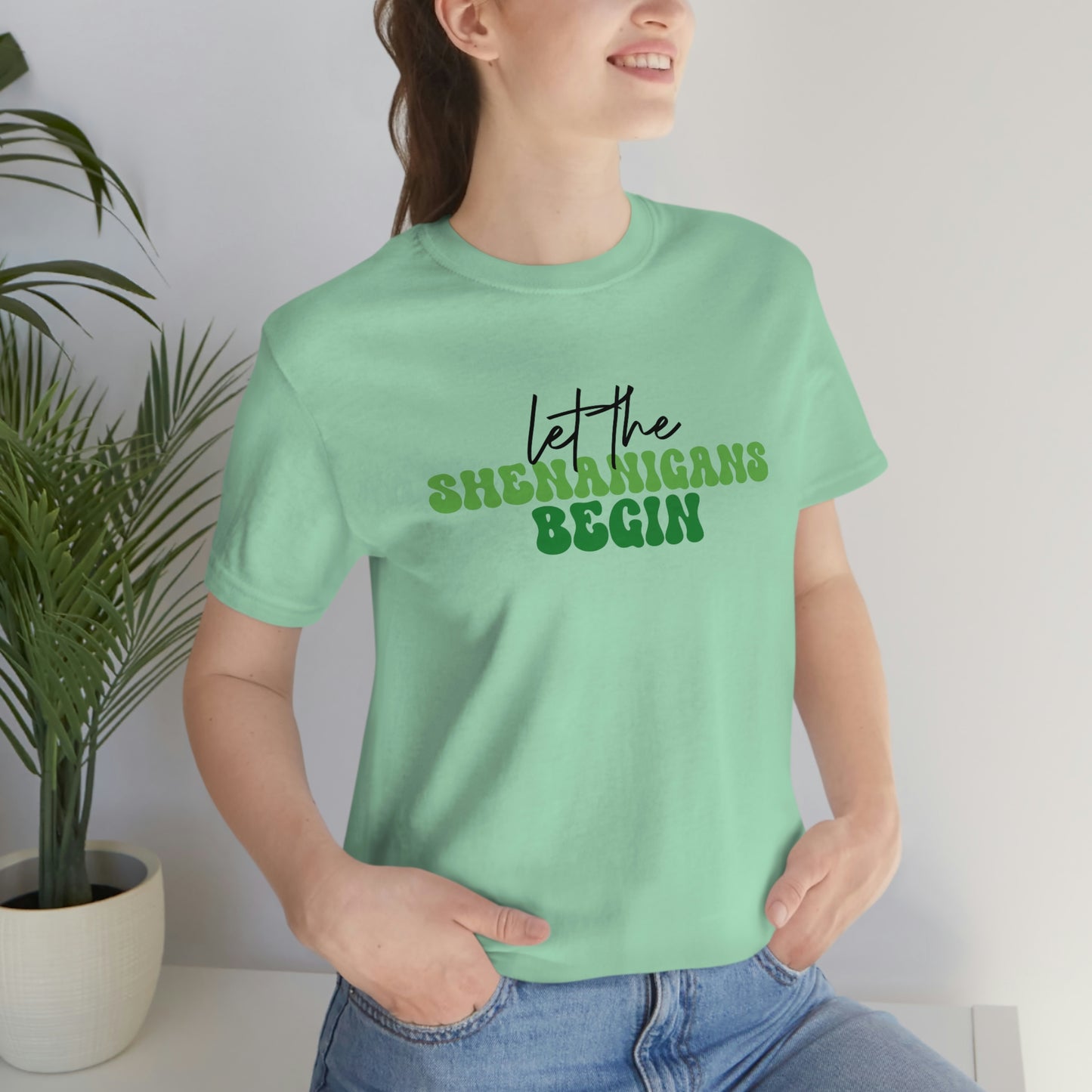 Let the Shenanigans Begin St. Patricks Day Unisex Jersey Short Sleeve Tee