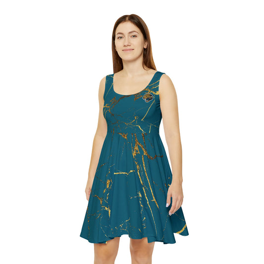 Duval Deco Dance Teal Skater Dress with Golden Flair