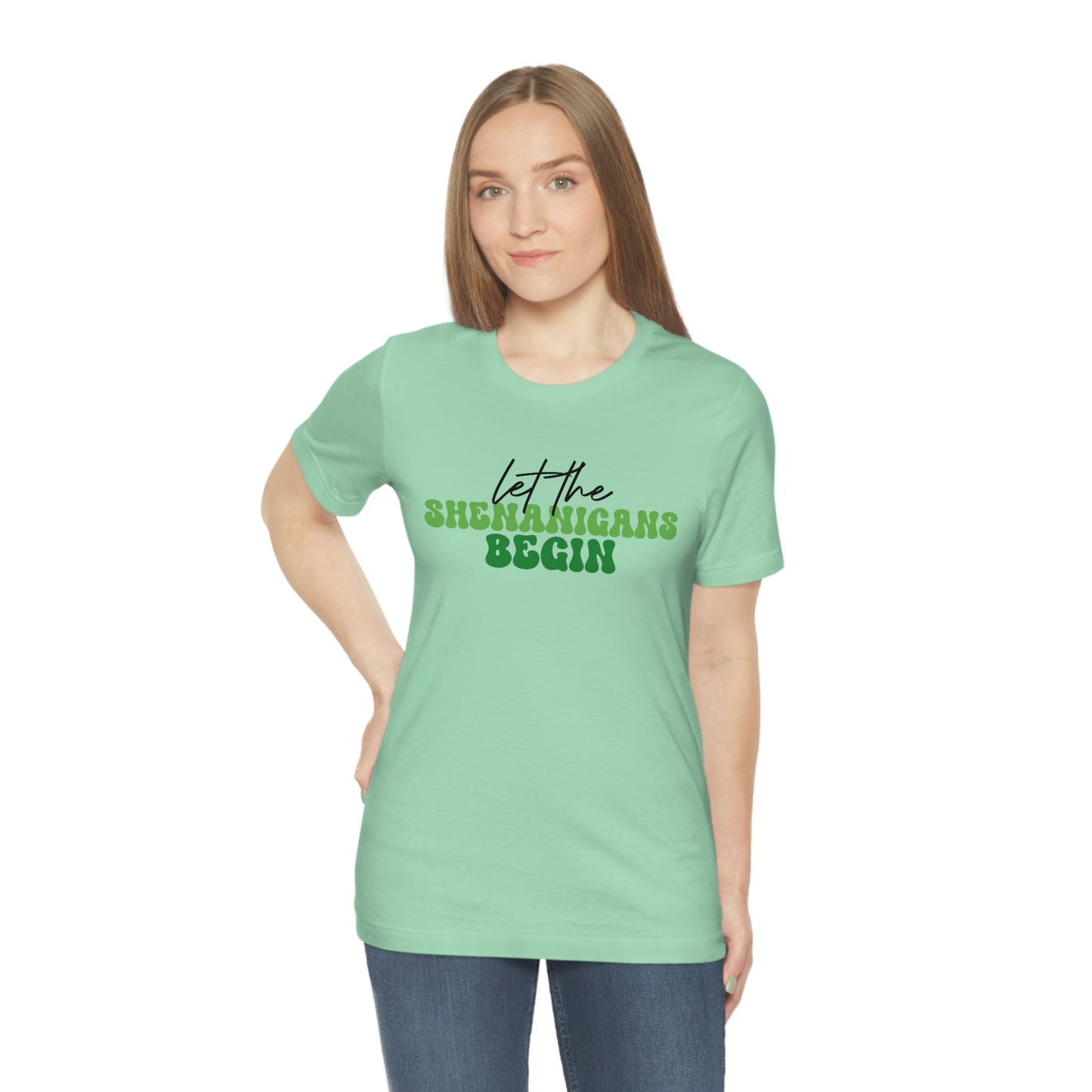 Let the Shenanigans Begin St. Patricks Day Unisex Jersey Short Sleeve Tee